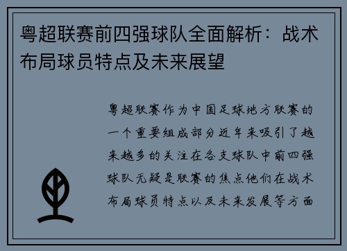 粤超联赛前四强球队全面解析：战术布局球员特点及未来展望