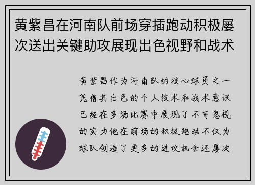 黄紫昌在河南队前场穿插跑动积极屡次送出关键助攻展现出色视野和战术意识 黄紫昌在河南队前场穿插跑动积极屡次送出关键助攻展现出色视野和战术意识
