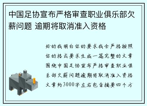 中国足协宣布严格审查职业俱乐部欠薪问题 逾期将取消准入资格